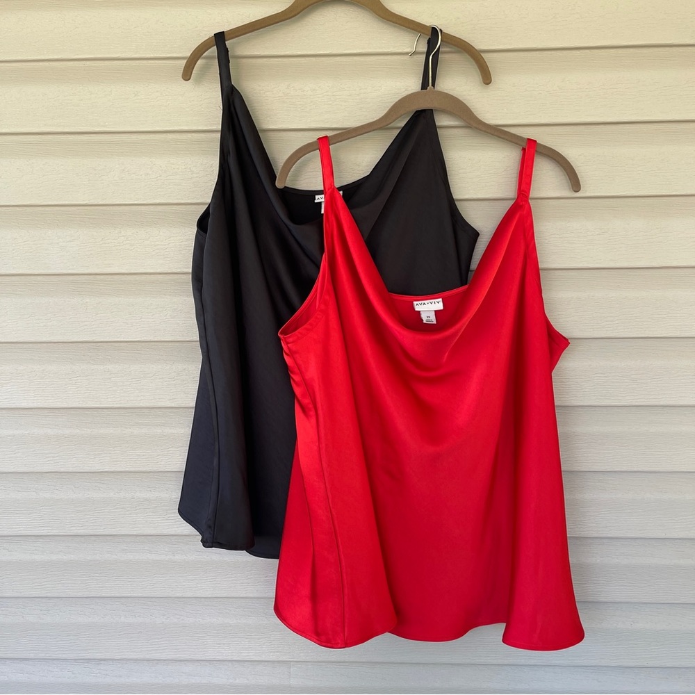 Ava & Viv Set of Black & Red Satin Cowl Neck Tank Top Size 2X